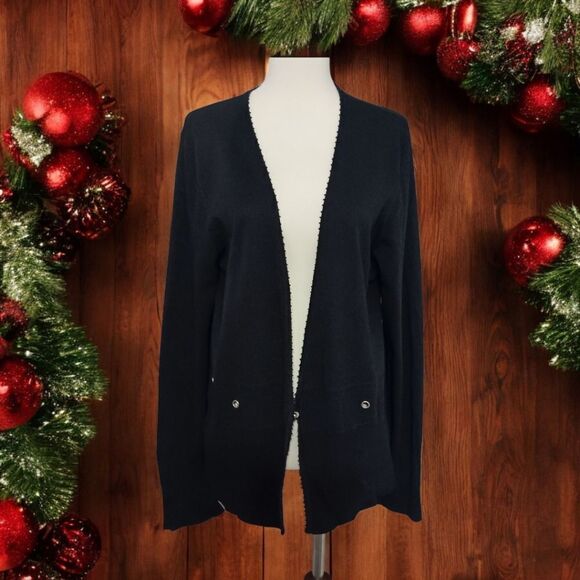 Carducci Cardigan XL Sweater Black Rib Knit Long Sleeve Beaded Neckline Grommets - Picture 15 of 16